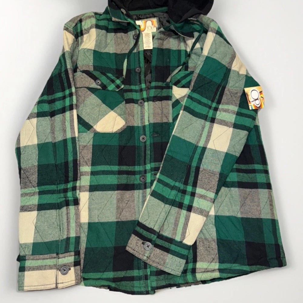 NWT OP Jacket  Med Plaid Quilted Hooded Flannel Shirt Lined Button Up Vintage St